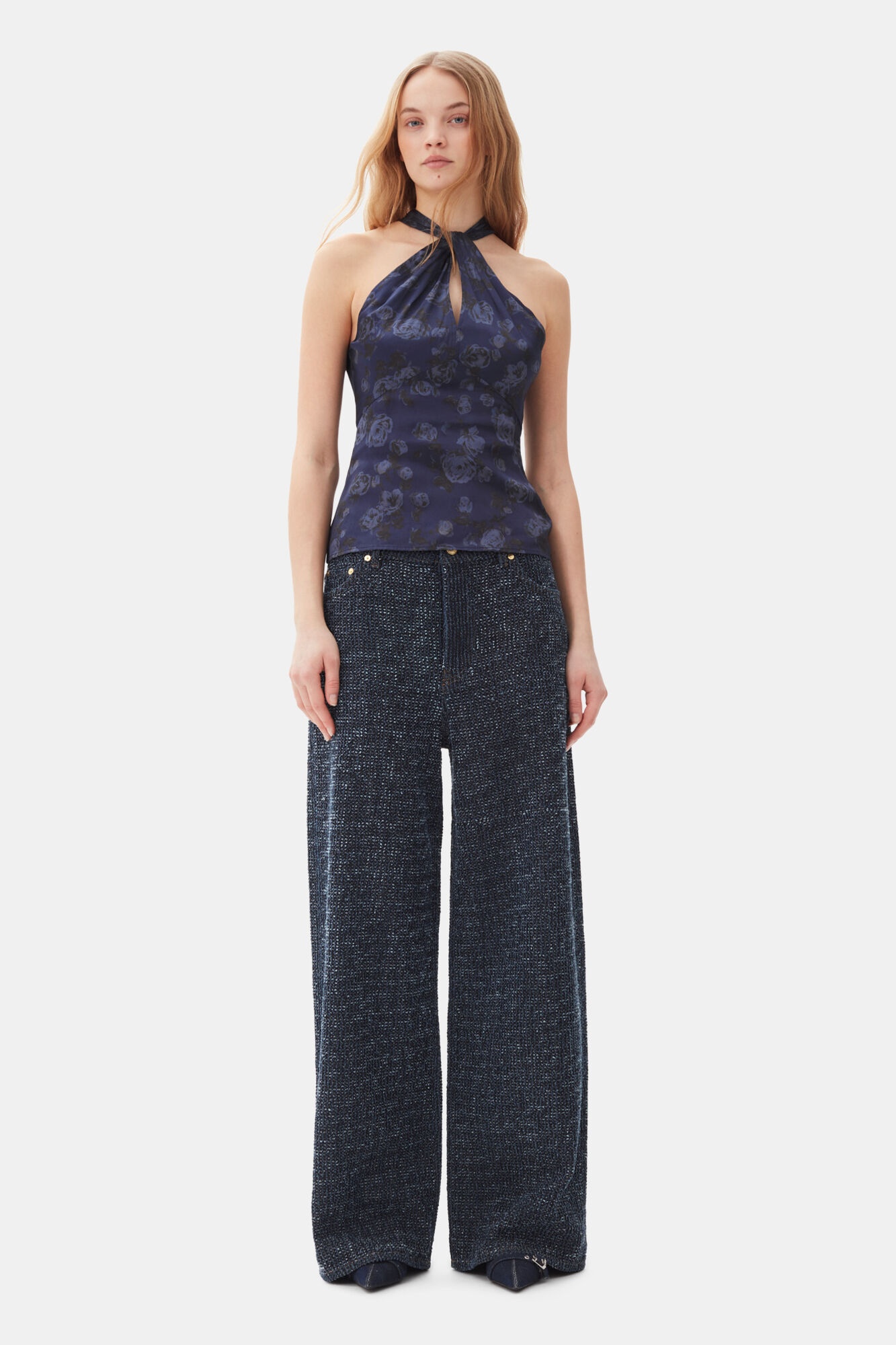 DARK BLUE FLUFFY WIDE JEANS - 2