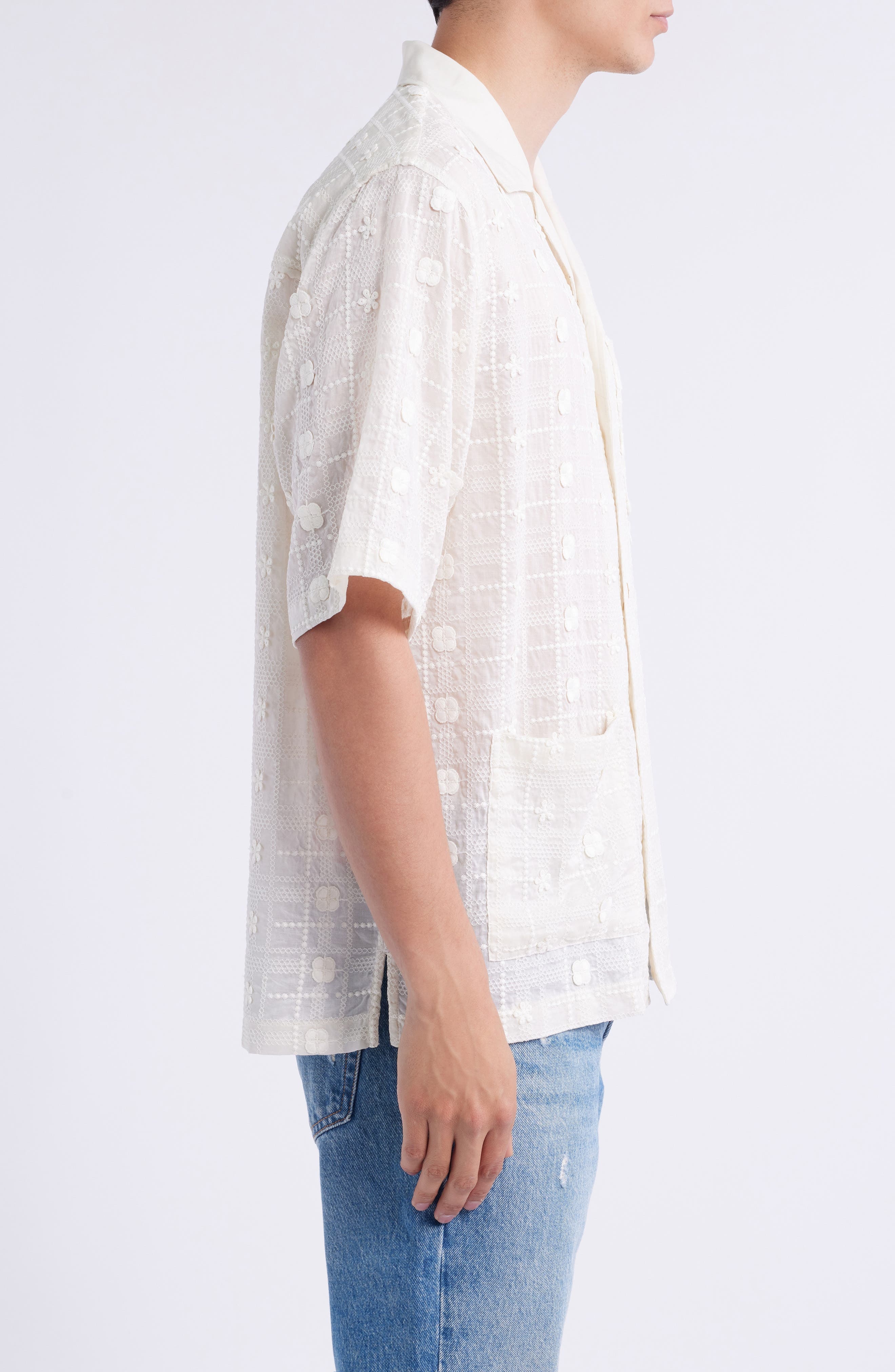 NN07 Ben 5026 Textured Short Sleeve Button-Up Shirt in Ivory at Nordstrom - 3