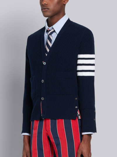 Thom Browne Navy Cashmere Waffle Stitch V-neck 4-Bar Cardigan outlook