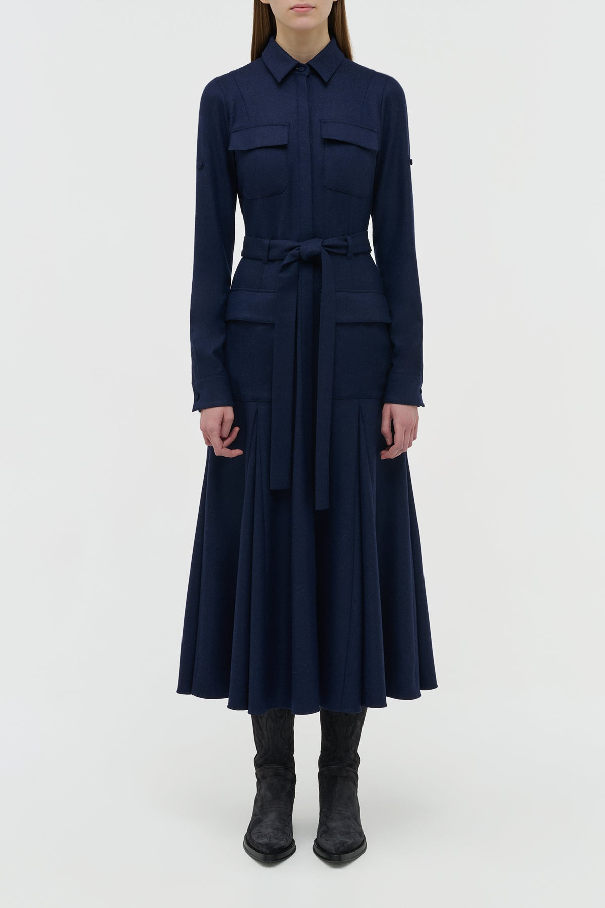 Meyer Pleated Maxi Shirtdress in Navy Wool Cashmere Flannel - 2