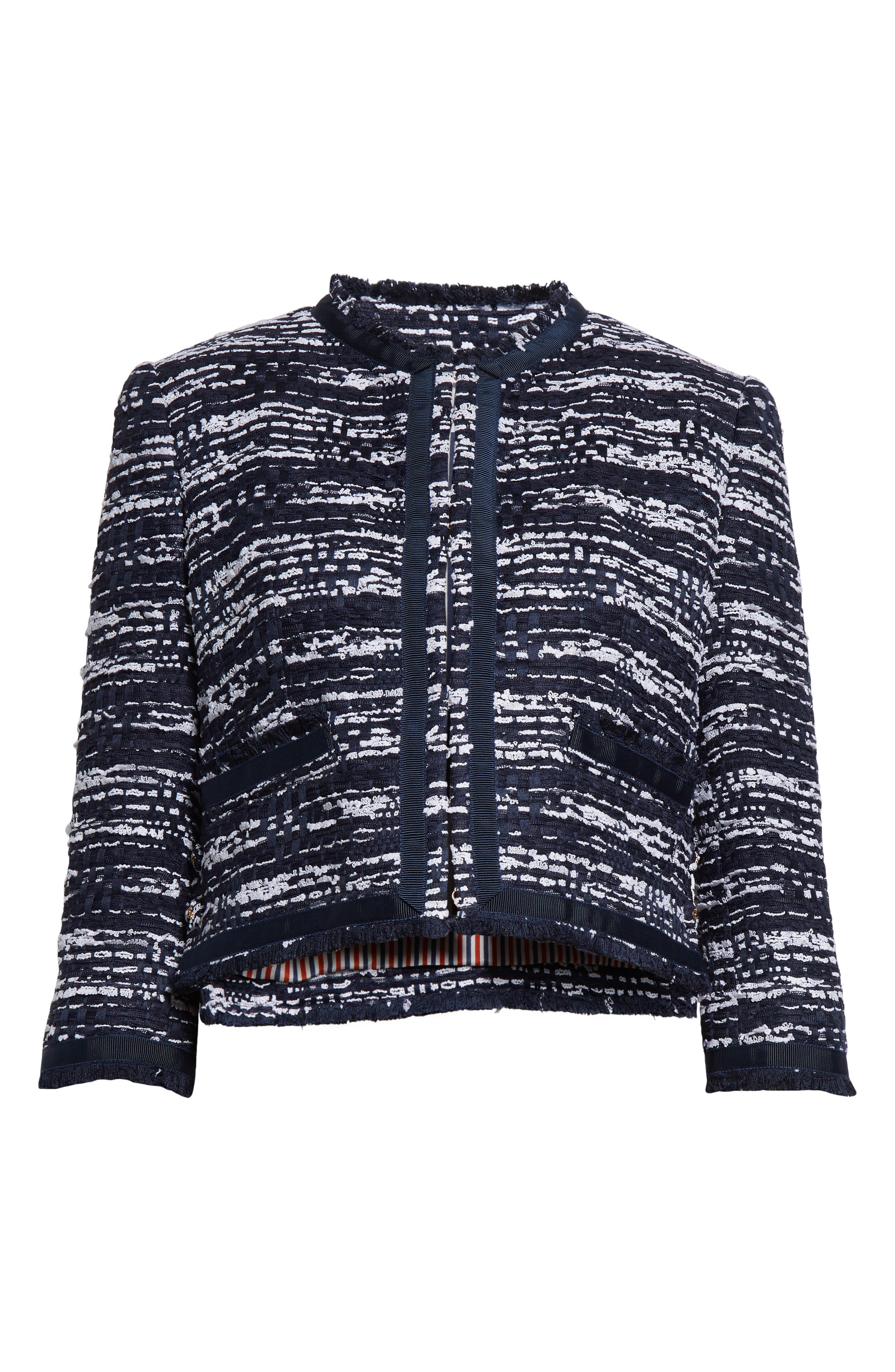 Thom Browne Drop Back Mélange Tulle Yarn Tweed Crop Cardigan Jacket in Navy at Nordstrom - 7