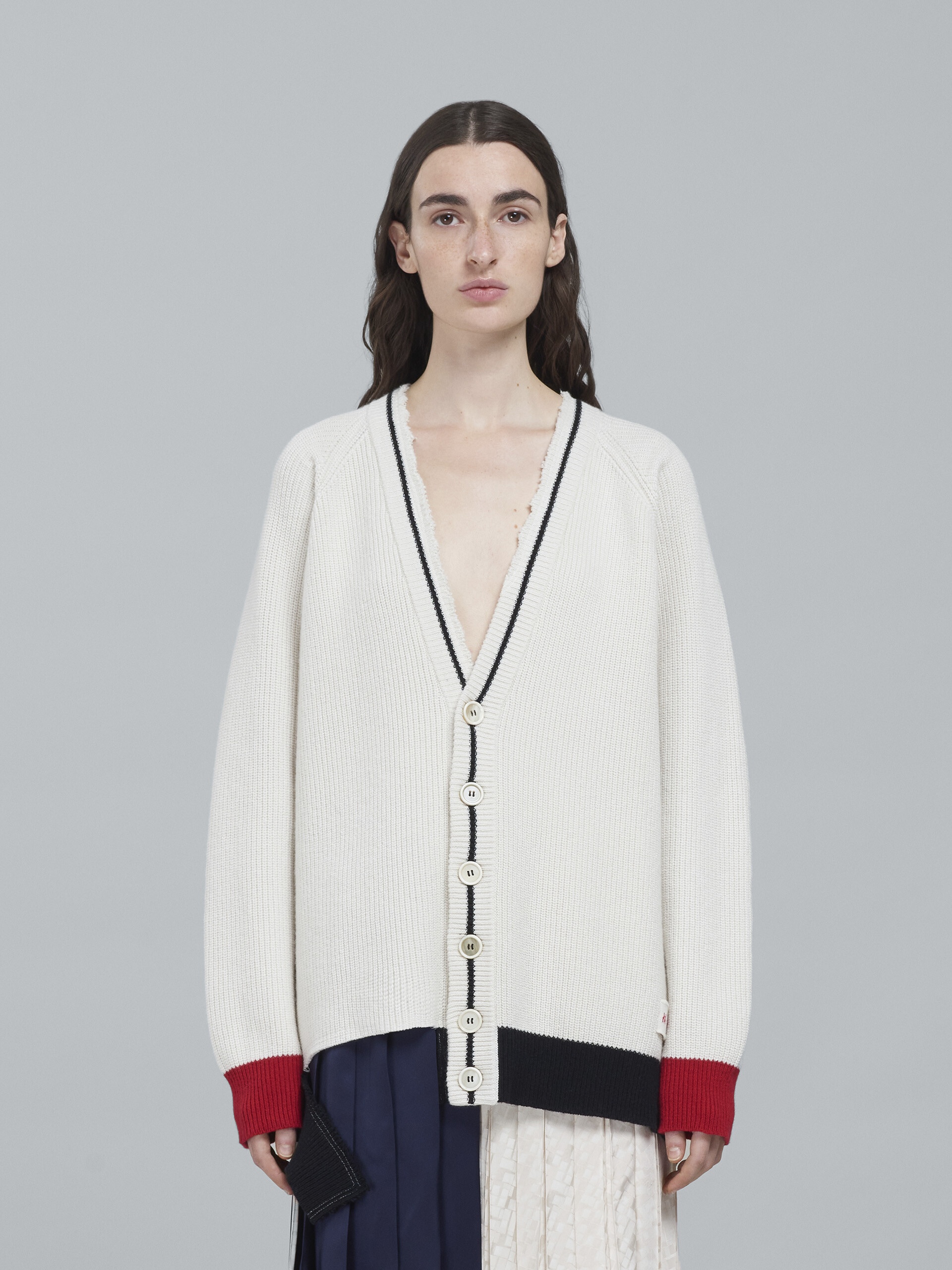 WHITE SHETLAND WOOL AND COTTON LONG CARDIGAN - 2