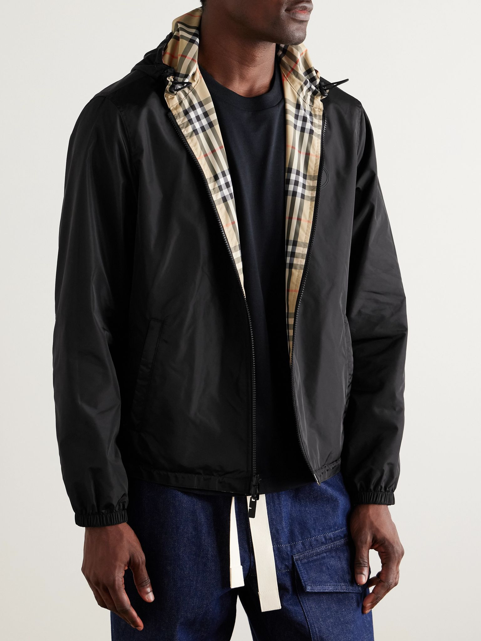Reversible Checked Shell Hooded Jacket Sand - 6