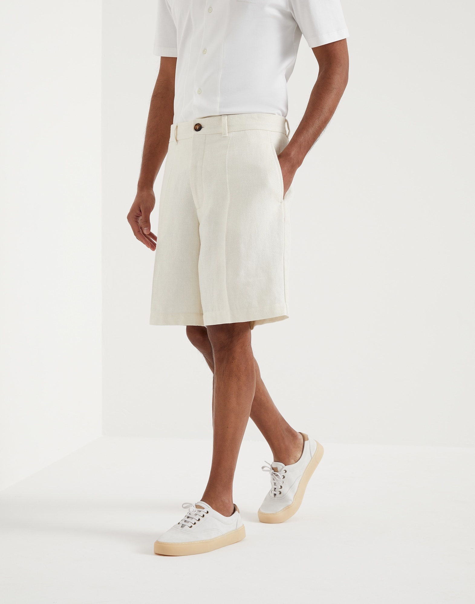 Linen, silk, virgin wool and cotton chevron Bermuda shorts - 1