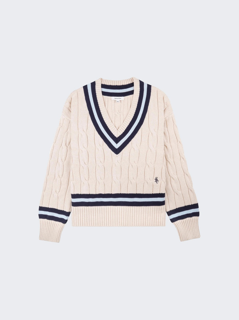 Cableknit V-neck Sweater Ecru And Dark Navy 1