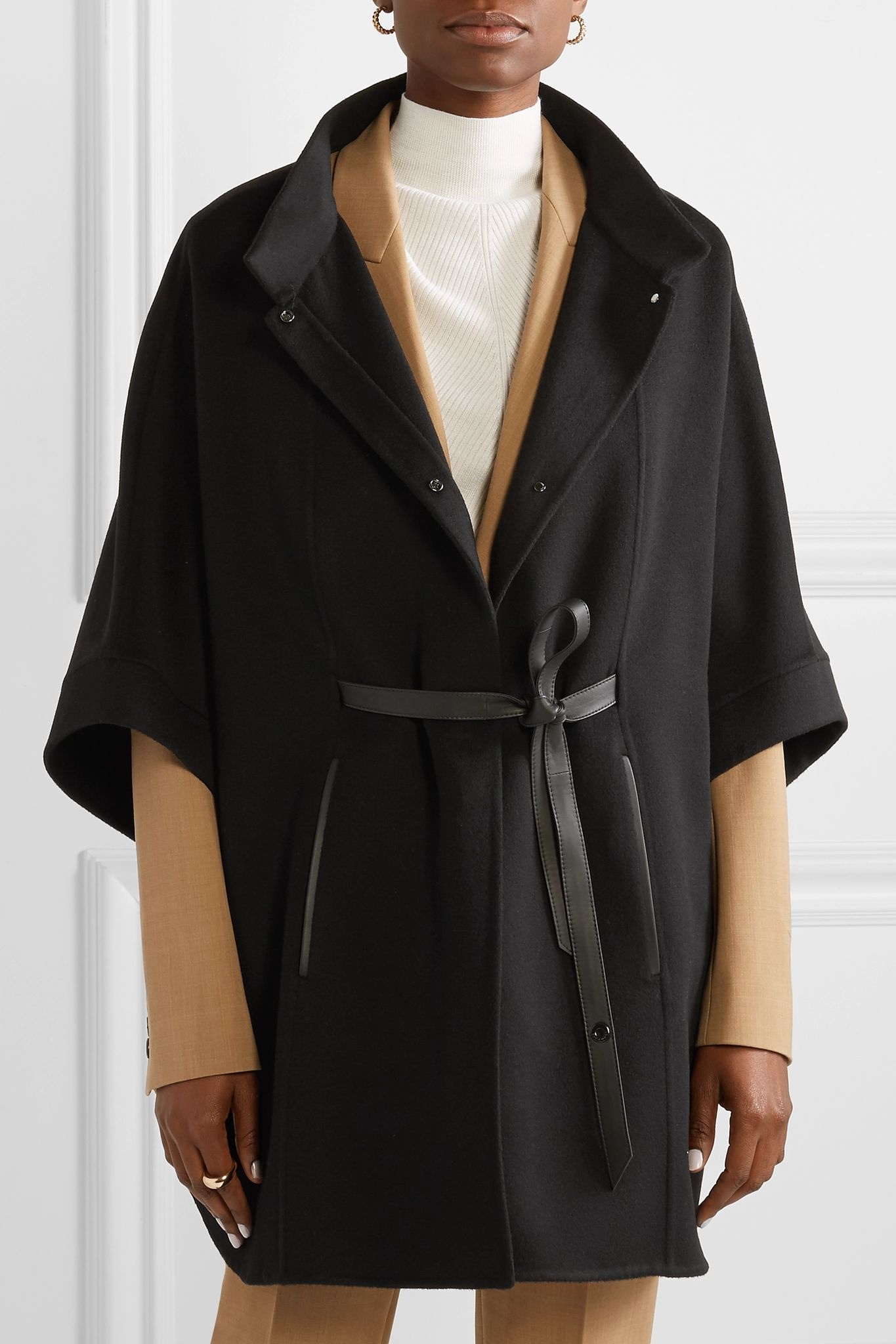 Belted leather-trimmed cashmere cape - 3