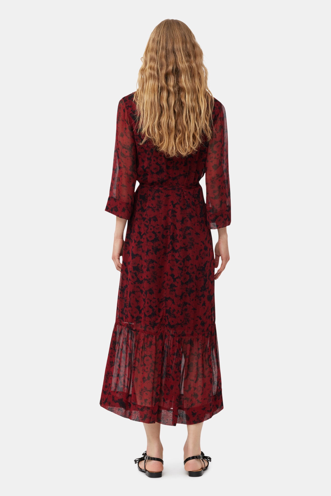 RED PRINTED LIGHT GEORGETTE WRAP MIDI DRESS - 3