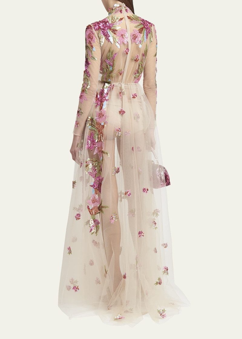 Embroidered Tulle Illusion Gown with Floral Details 3