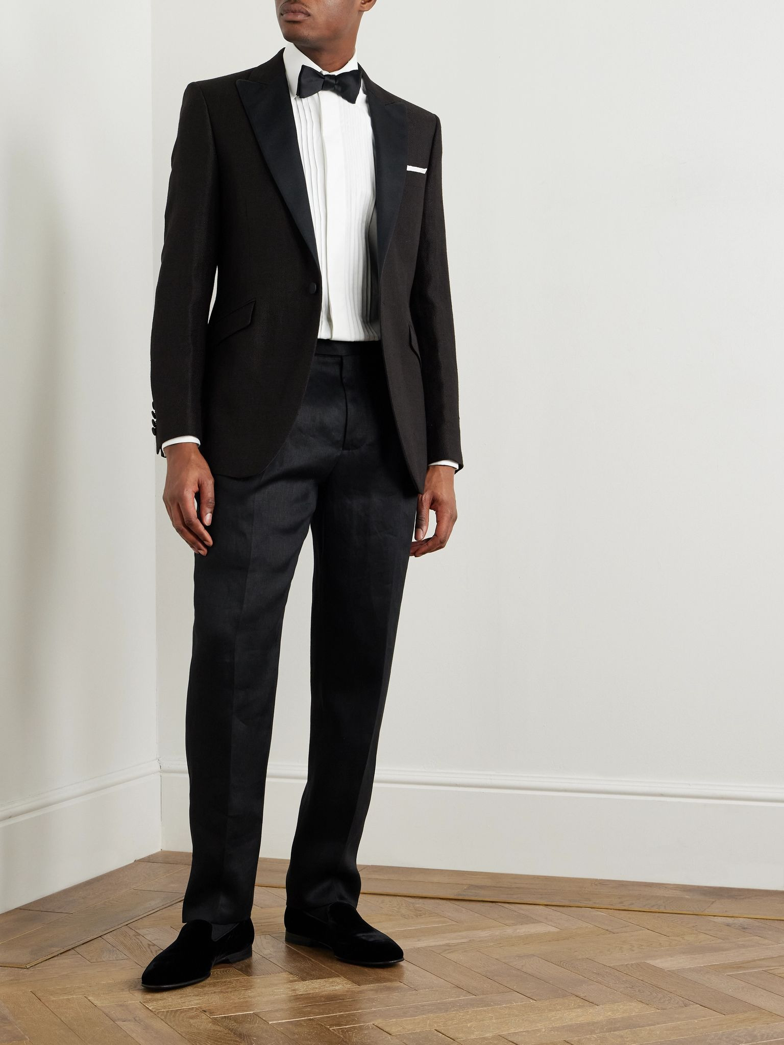 Tapered Pleated Cotton and Silk-Blend Satin-Trimmed Linen Tuxedo Trousers Black - 2