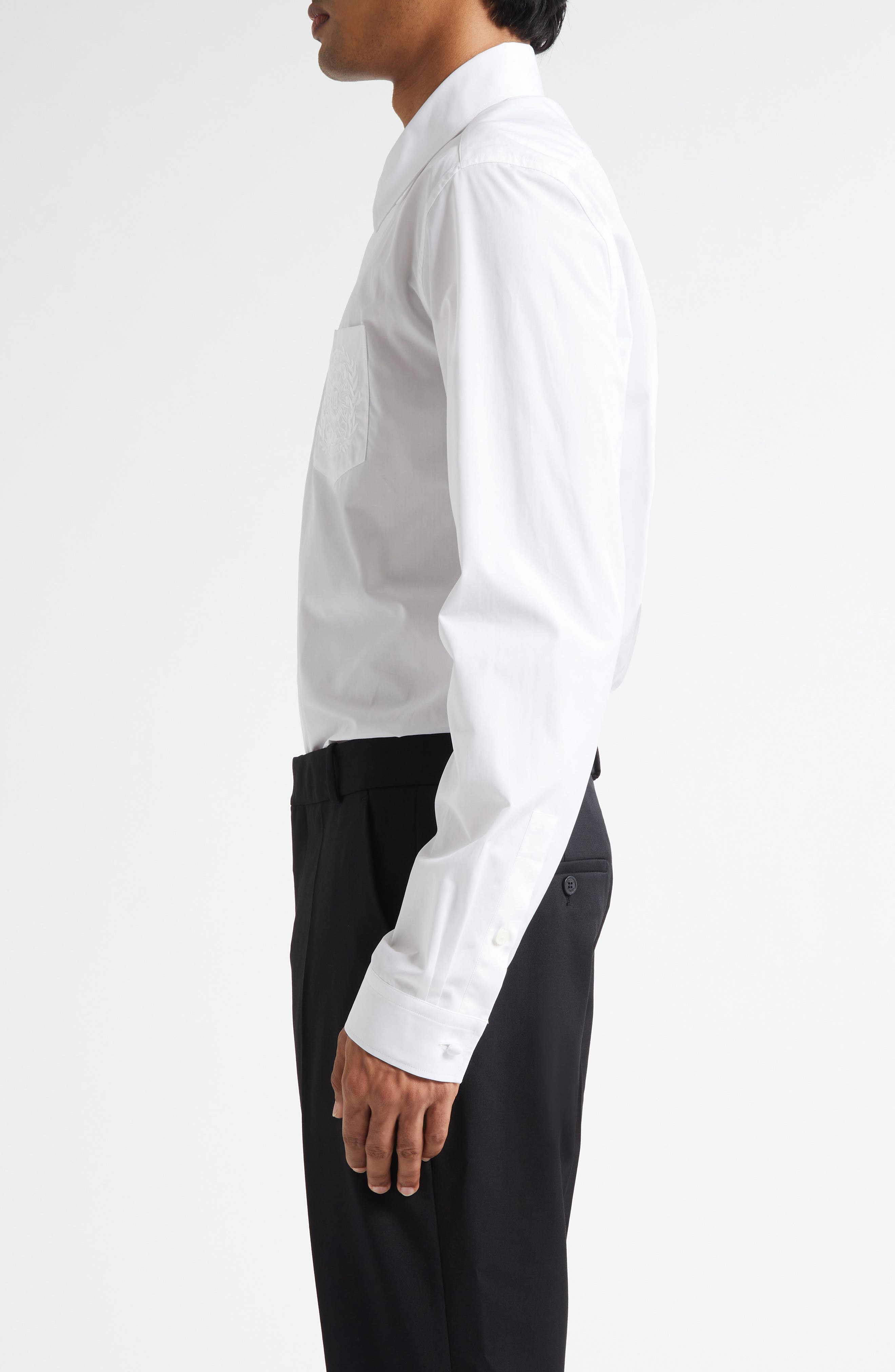 Balmain Embroidered Emblem Cotton Poplin Button-Up Shirt in 0Fb Optical White at Nordstrom - 3