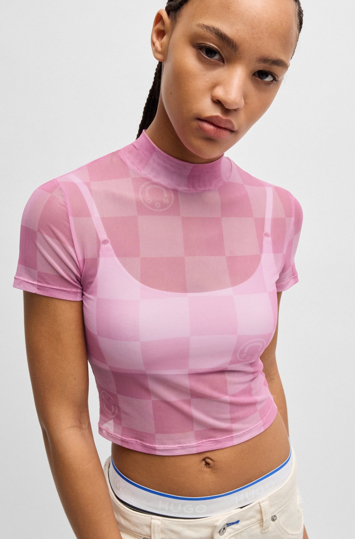 CROPPED TOP IN LOGO-PRINT STRETCH MESH - 5