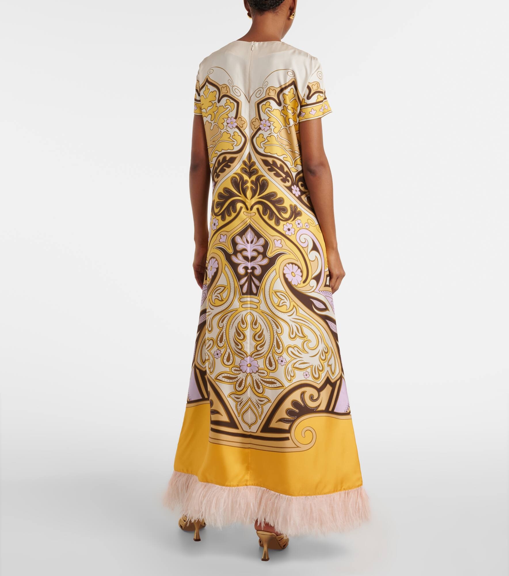 Printed feather-trimmed silk maxi dress - 3