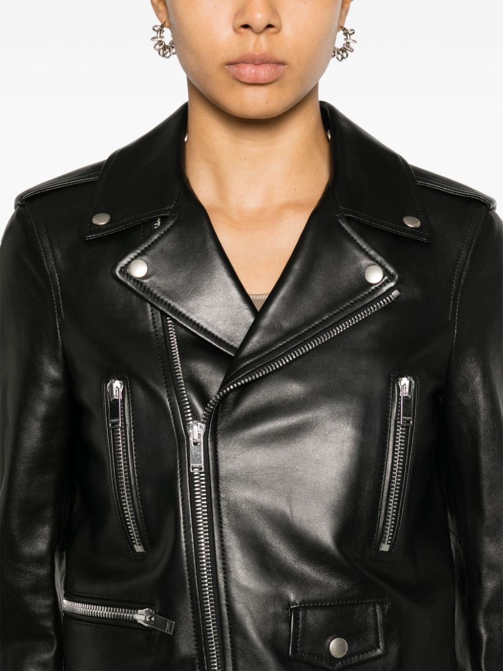 zip-up leather biker jacket - 5