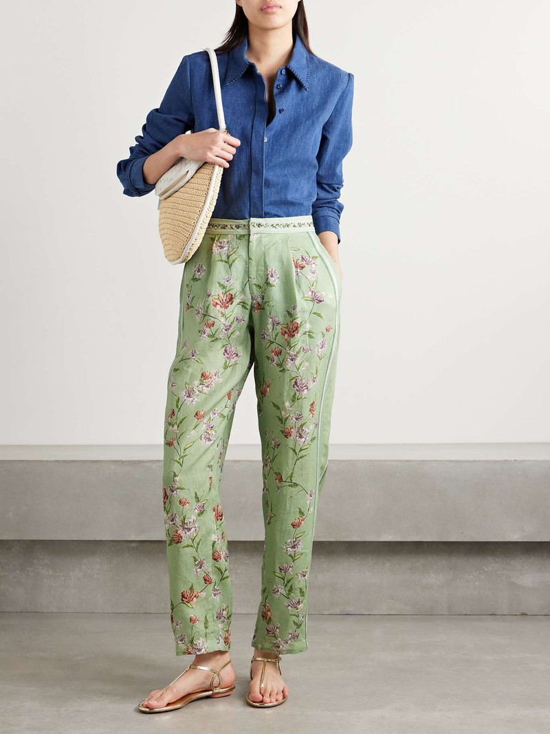 Agua by Agua Bendita Florecer Honeysuckle pleated embroidered floral-print linen tapered pants Green outlook