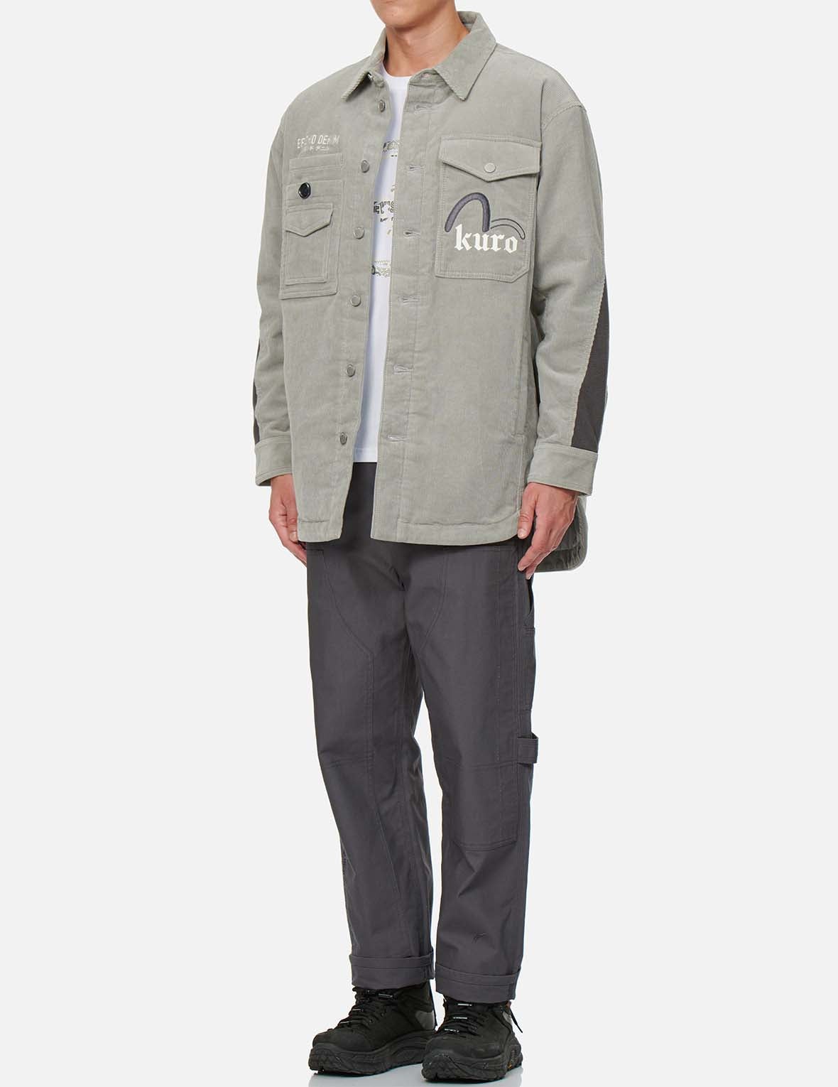 Logo Embroidered Corduroy Shirt Jacket with Sleeves Blocking - 6