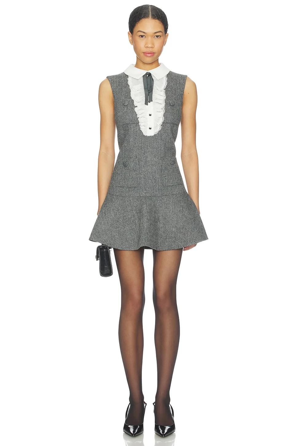 Grey Herringbone Lace Bib Mini Dress - 1