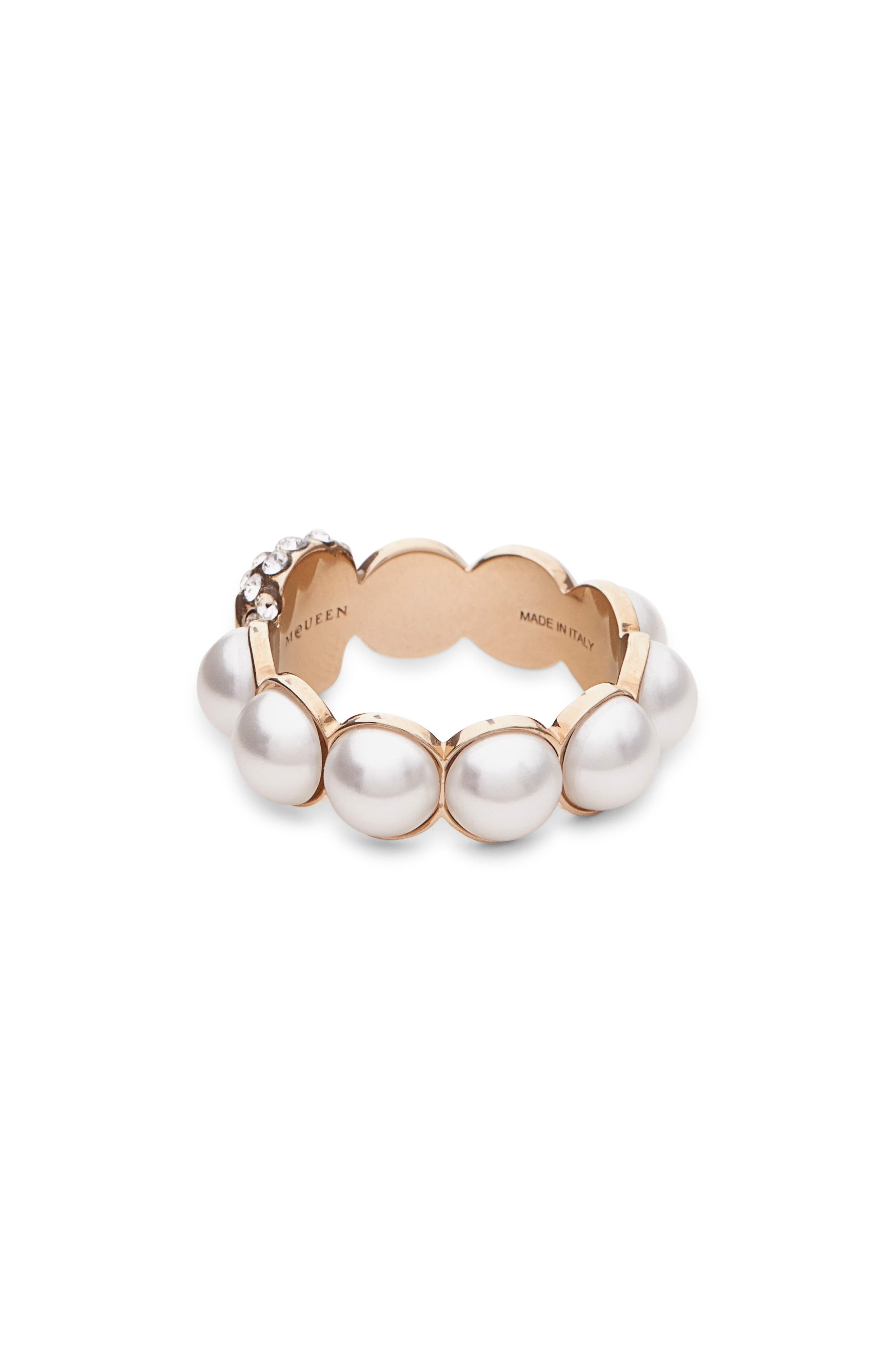 McQueen Crystal Skull & Faux Pearl Ring in Pearl/Sw at Nordstrom - 4