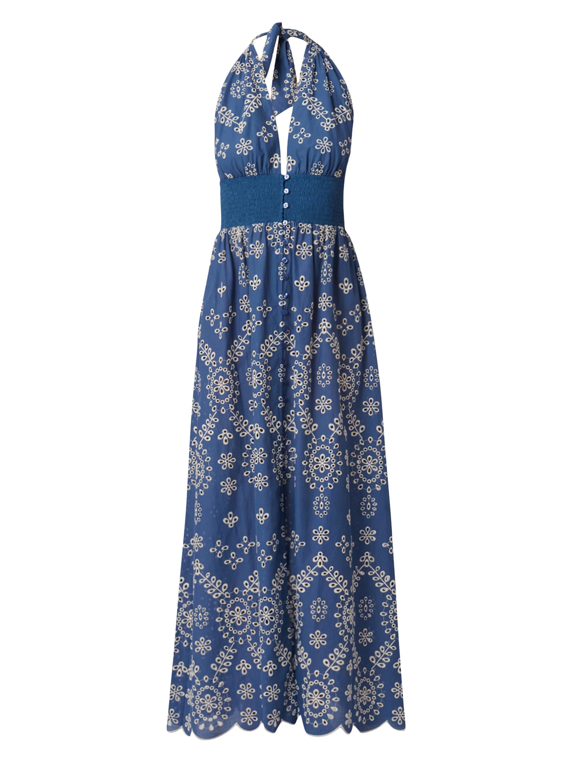 Women's Floral Cotton Halterneck Maxi-Dress - Chambray - 1