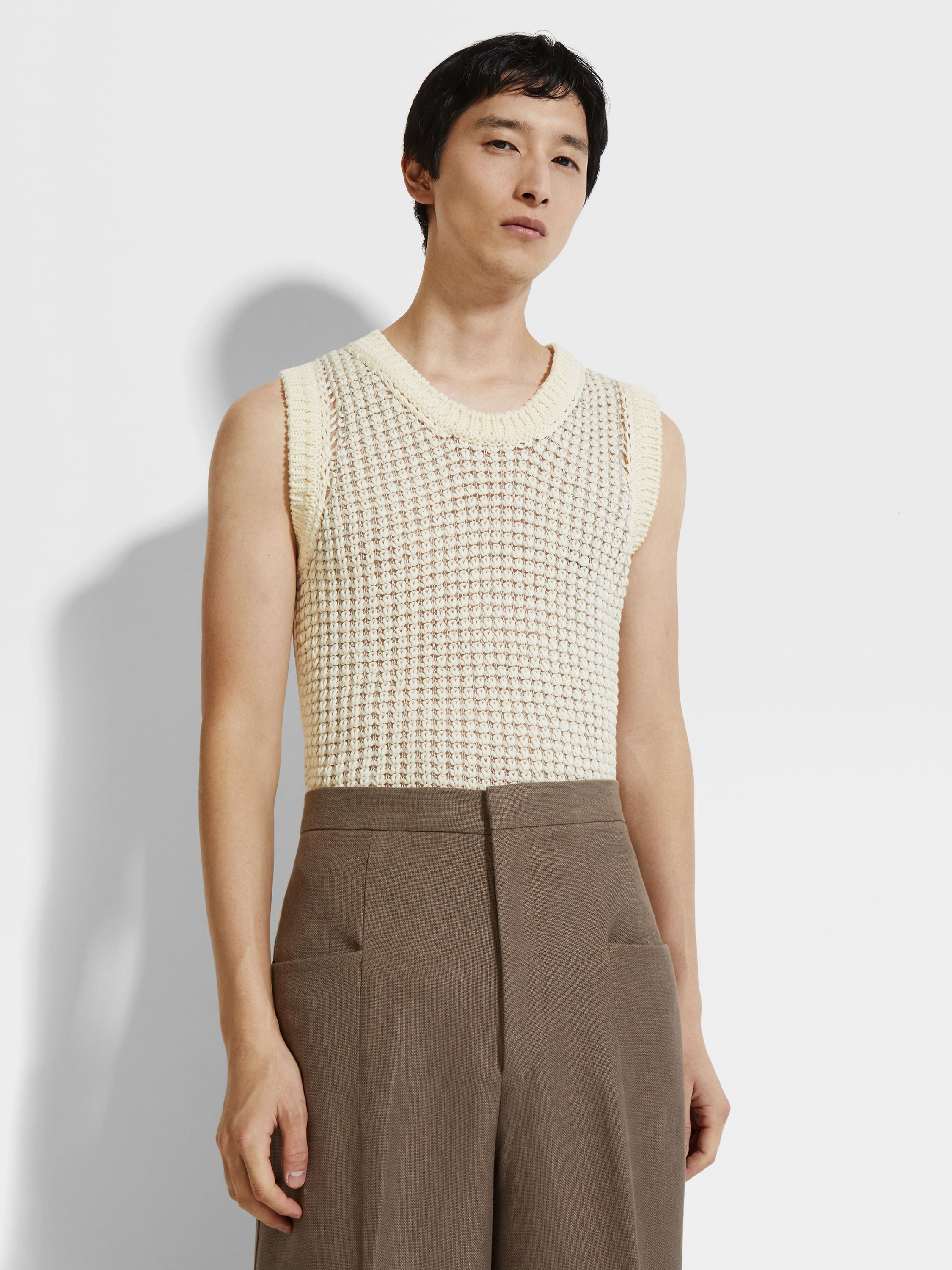 WHITE COTTON AND LINEN VEST - 3