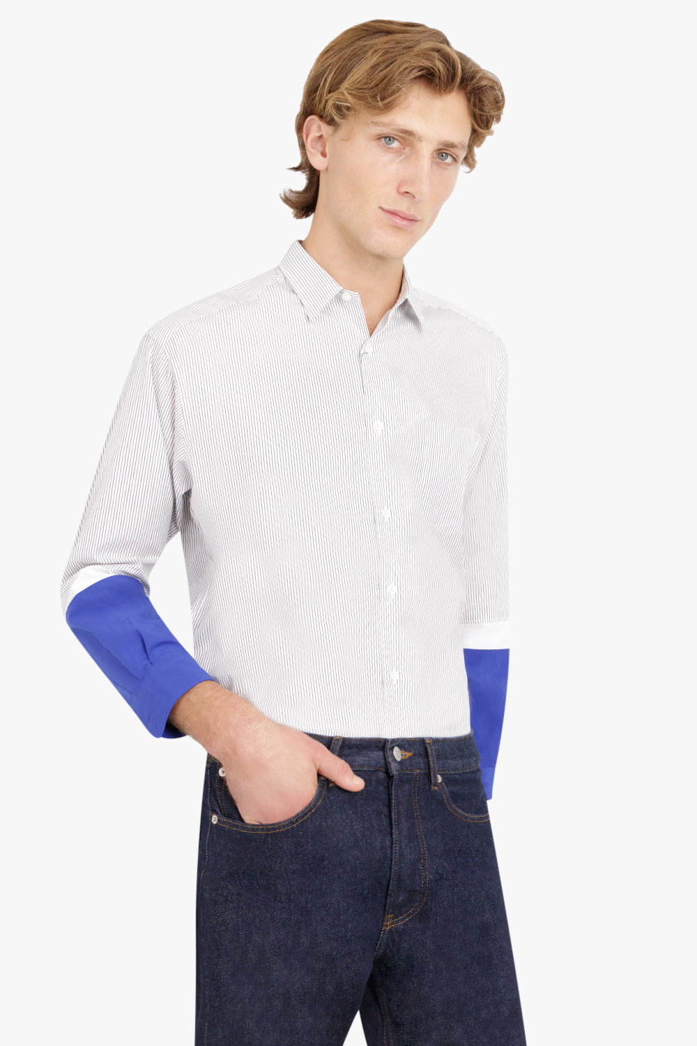 COTTON STRIPE LOWER SLEEVE SHIRT | BLACK/WHITE/BLUE - 3
