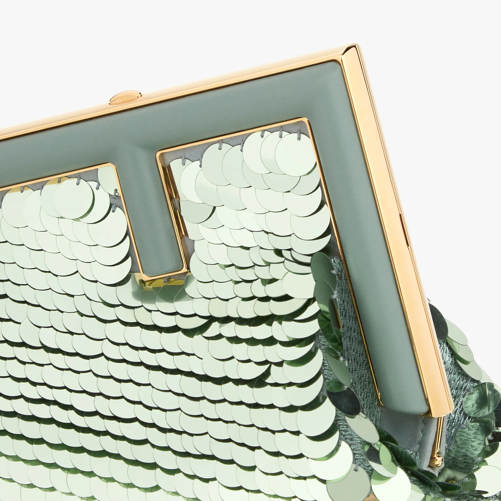 Small Fendi First bag completely embroidered with green metallic sequins, with an oversized F metal  - 5