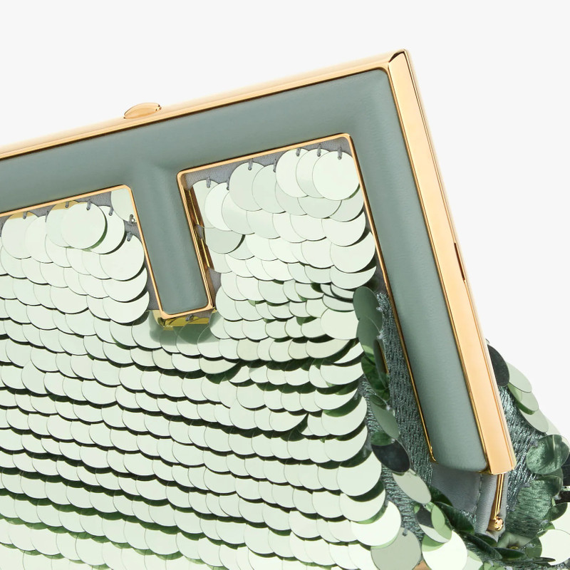 Small Fendi First bag completely embroidered with green metallic sequins, with an oversized F metal  5