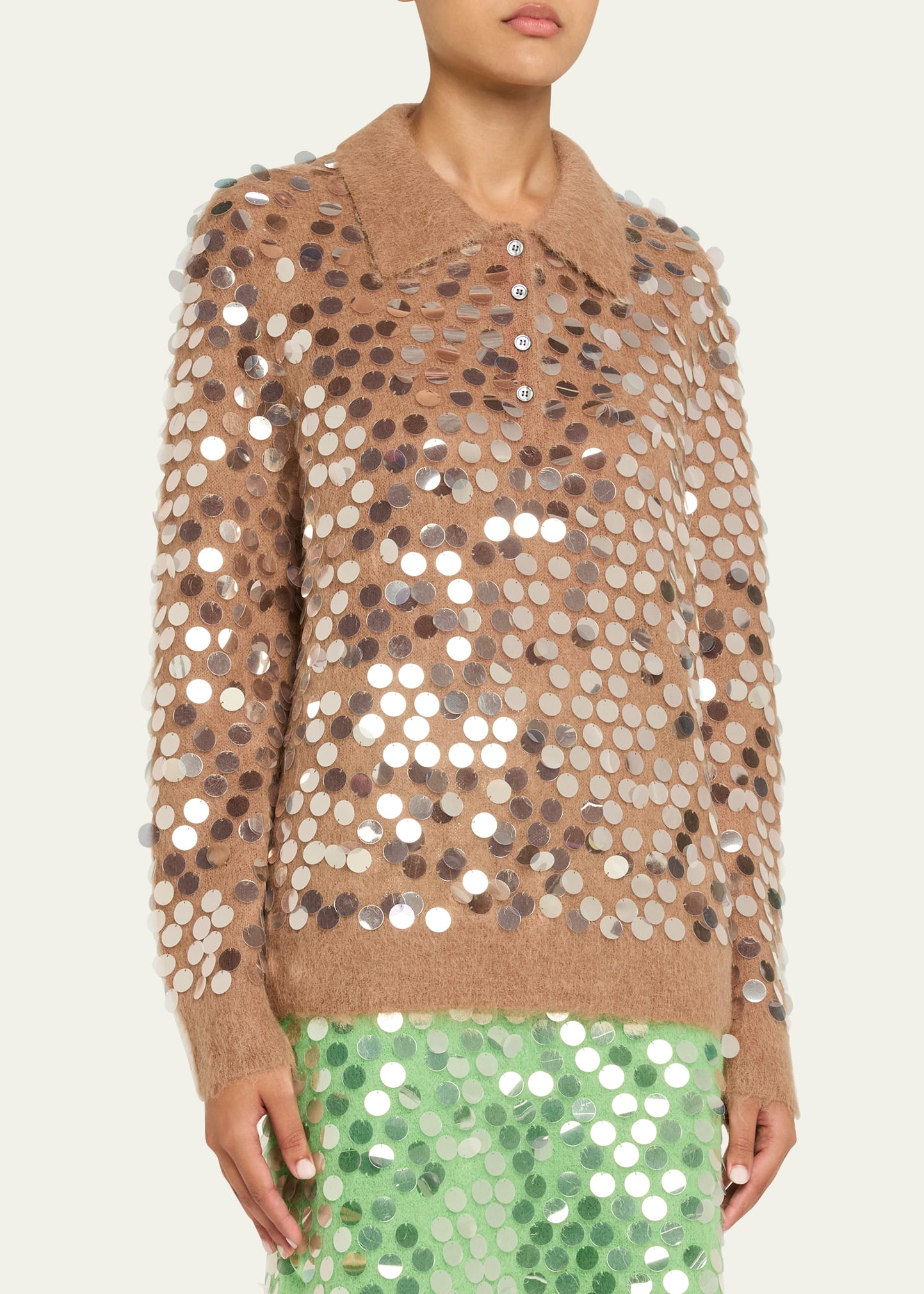 Adora Paillette Mohair-Wool Polo Sweater - 4