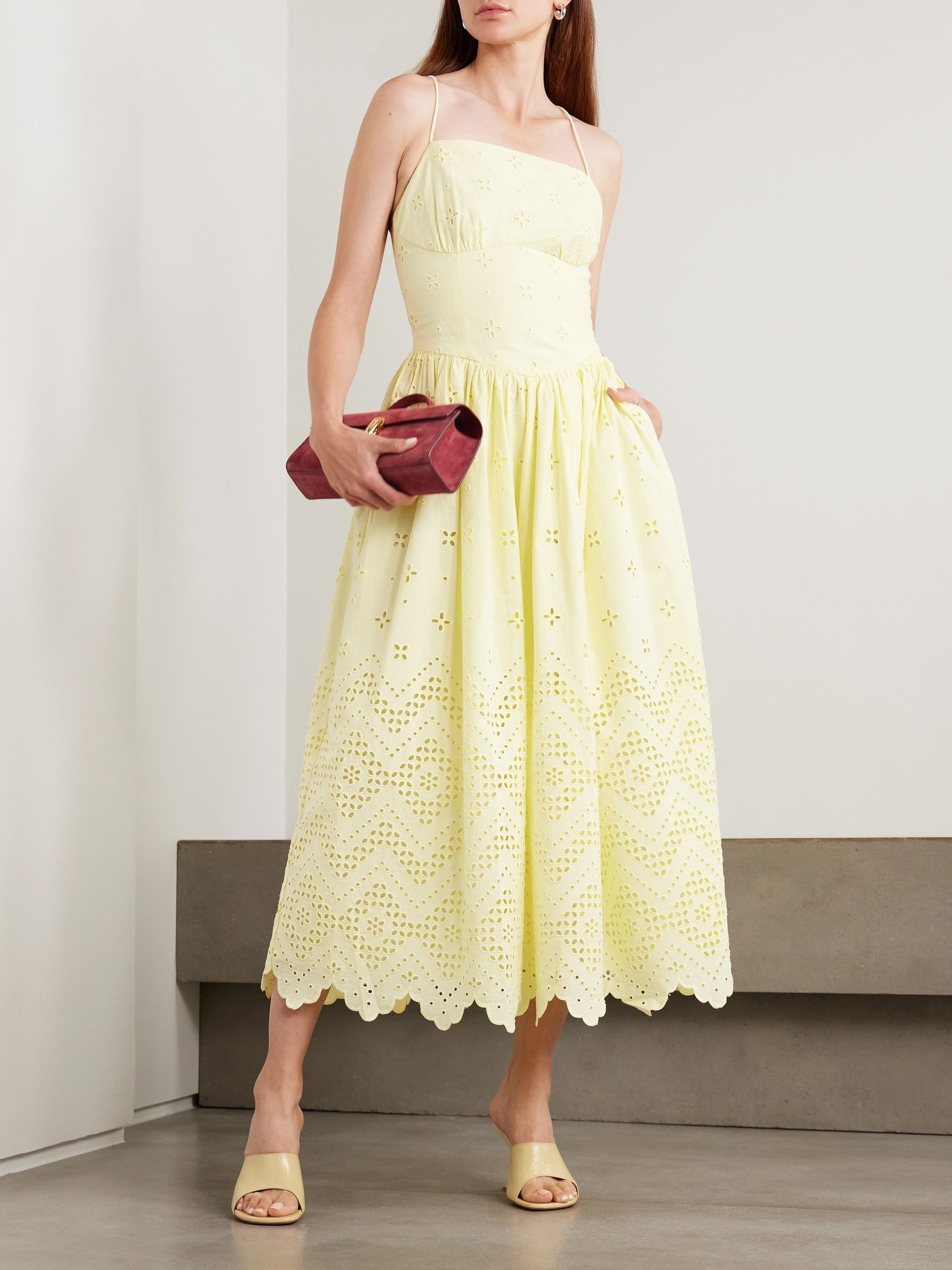 Drawstring broderie anglaise cotton midi dress Yellow - 2