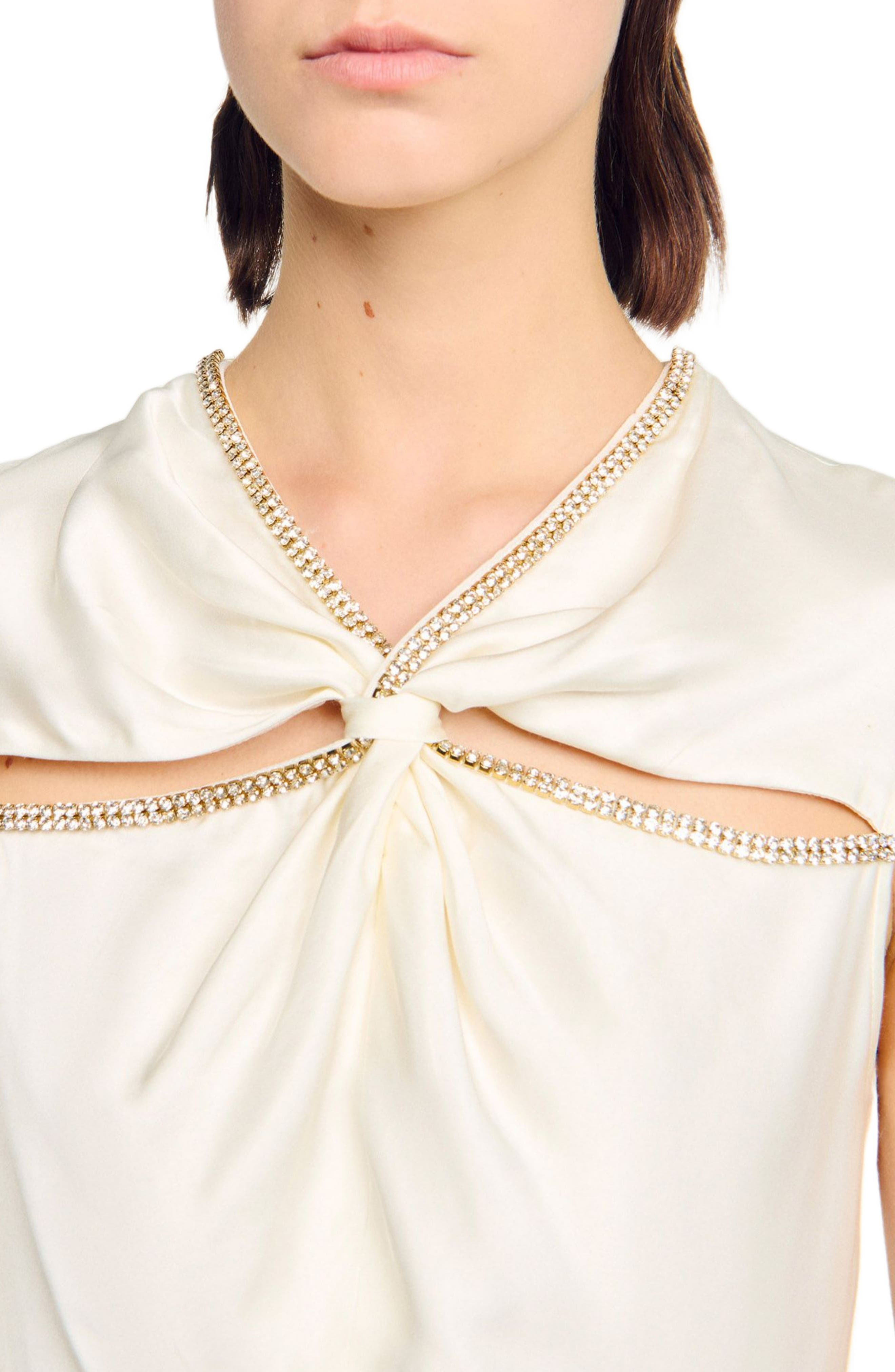 SANDRO Satin maxi dress with rhinestones in Ecru at Nordstrom - 4