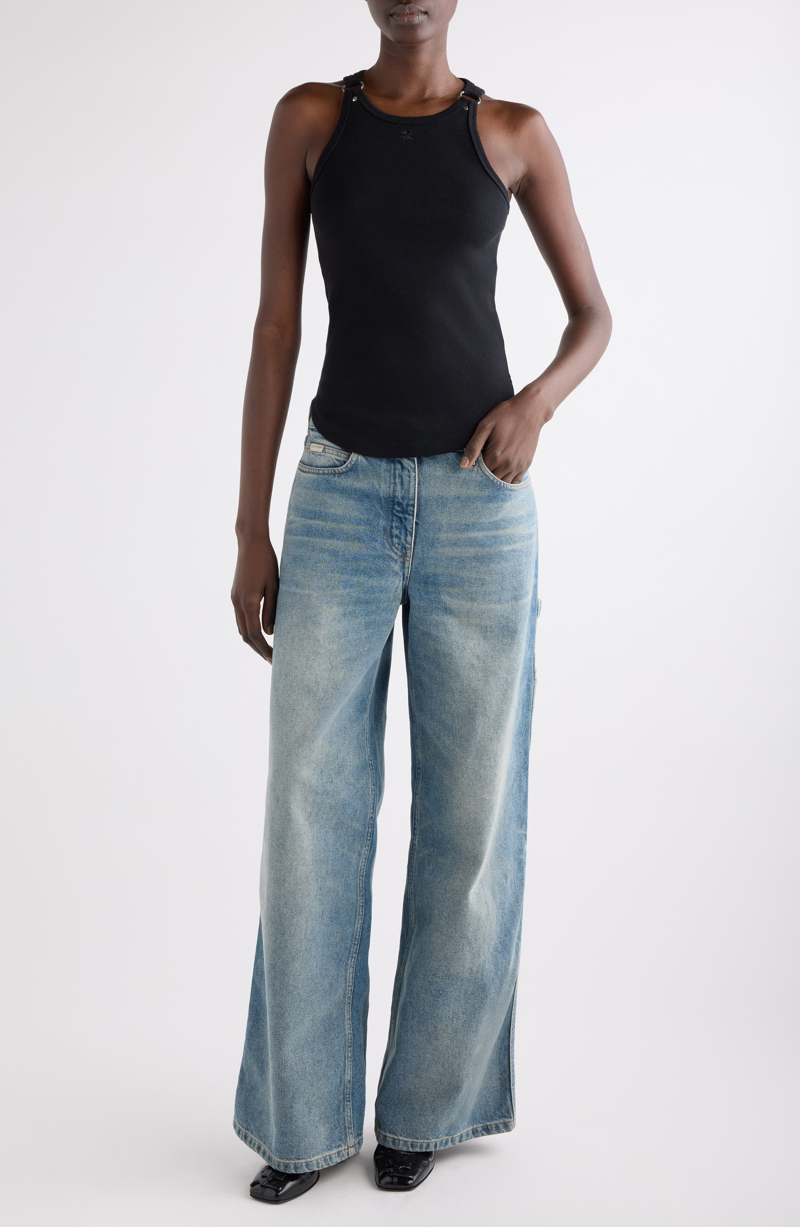 Courrèges Buckle '90s Stretch Cotton Rib Tank in Black at Nordstrom - 2