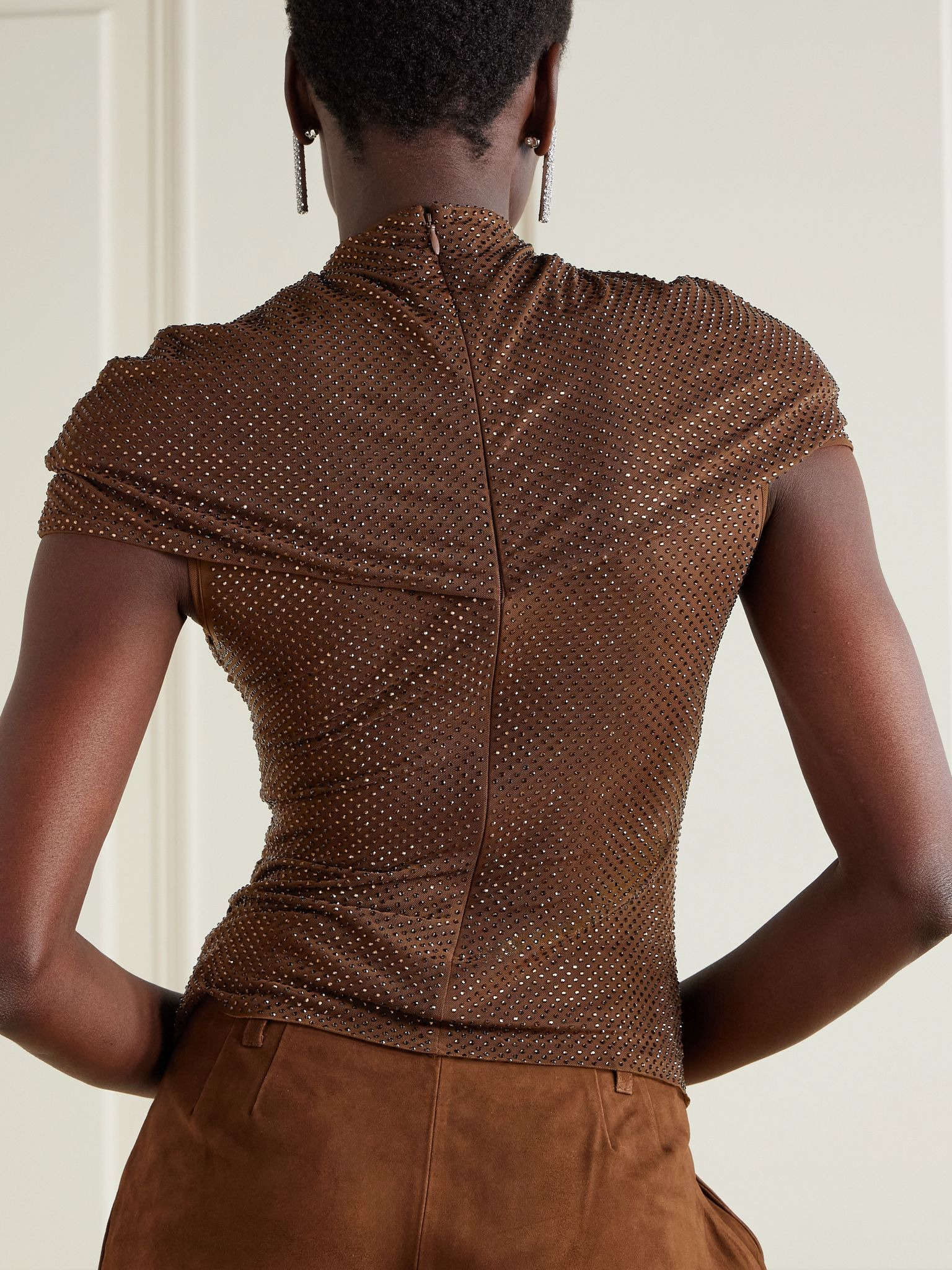 Gathered cutout crystal-embellished mesh top Brown - 3