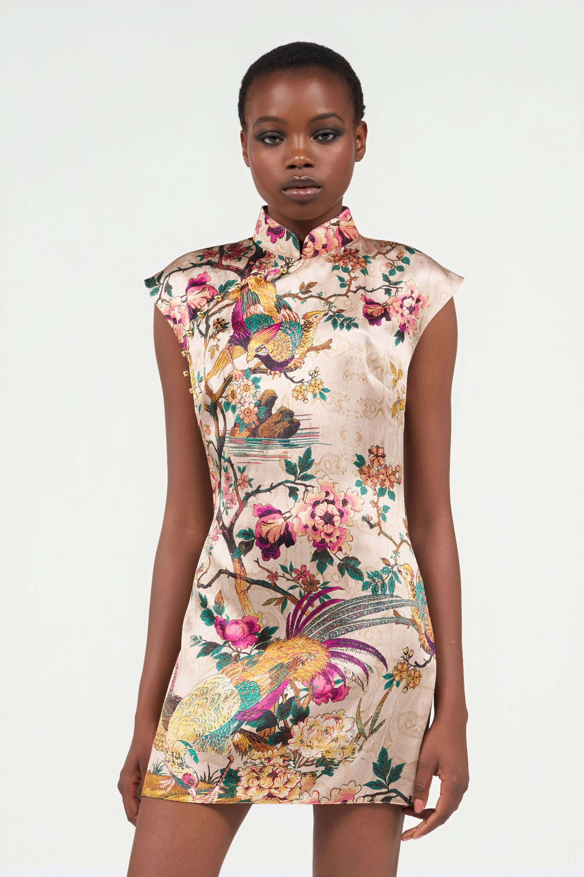 Oriental Bird Print Silk Mini Dress - 3