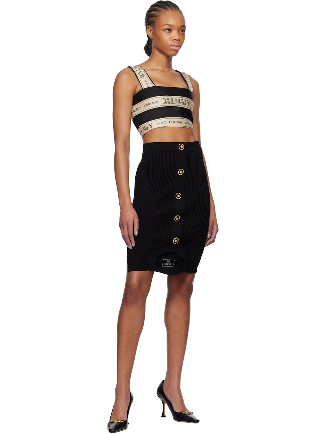 Black & Off-White 'Balmain' Ribbon Jacquard Crop Top - 4