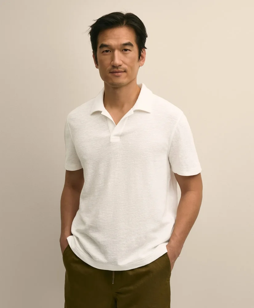 Cotton-Linen Pique Johnny Collar Shirt - 1