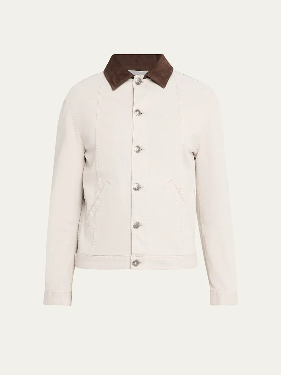 Men's Garment-Dyed Denim Leather-Collar Shirt Jacket - 1