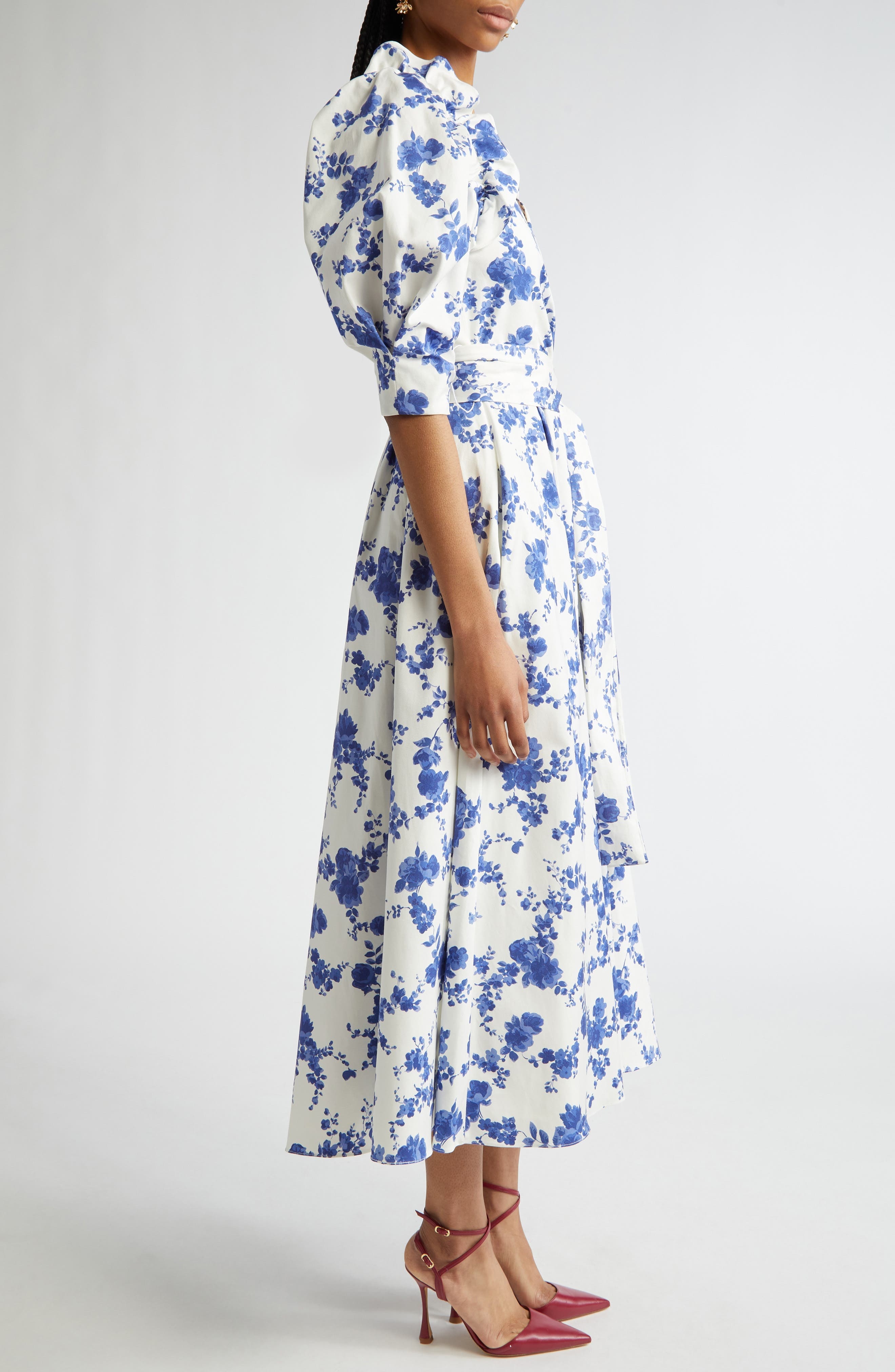 Carolina Herrera Floral Print Puff Sleeve Faux Wrap Dress in White Multi at Nordstrom - 3