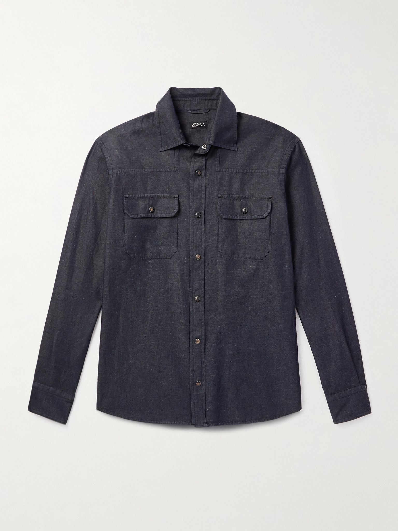 Slim-Fit Cotton and Linen-Blend Twill Shirt Black - 1
