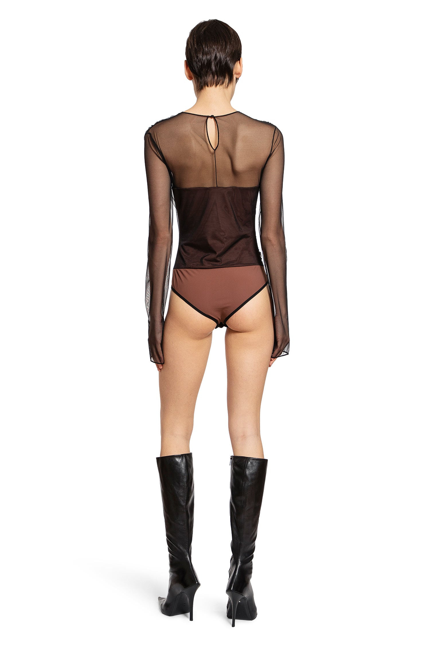 Semi-sheer Gathered Long Sleeves Bodysuit - 4