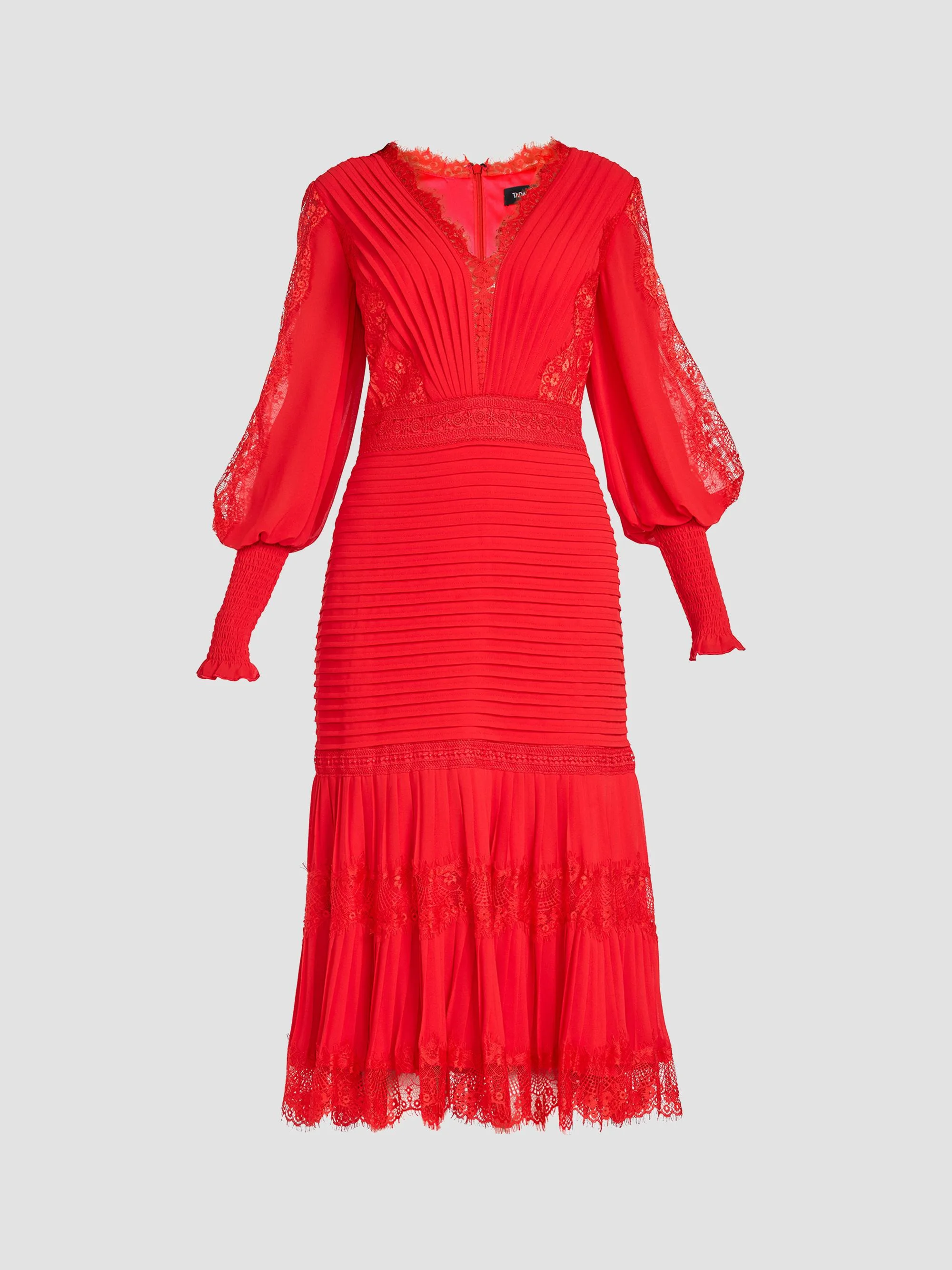 Women's Lace Balloon-Sleeve Midi-Dress - Cherry - 1