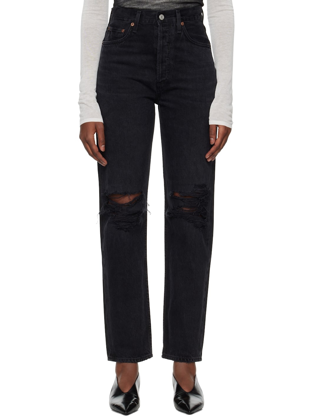 Black 90's Pinch Waist High Rise Straight Jeans - 1