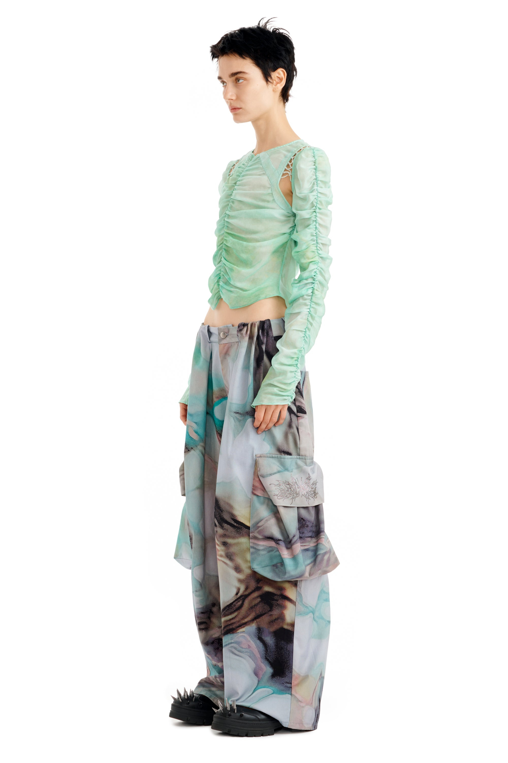 RHINESTONE OIL MOLD PLEATED CARGO PANT - 3
