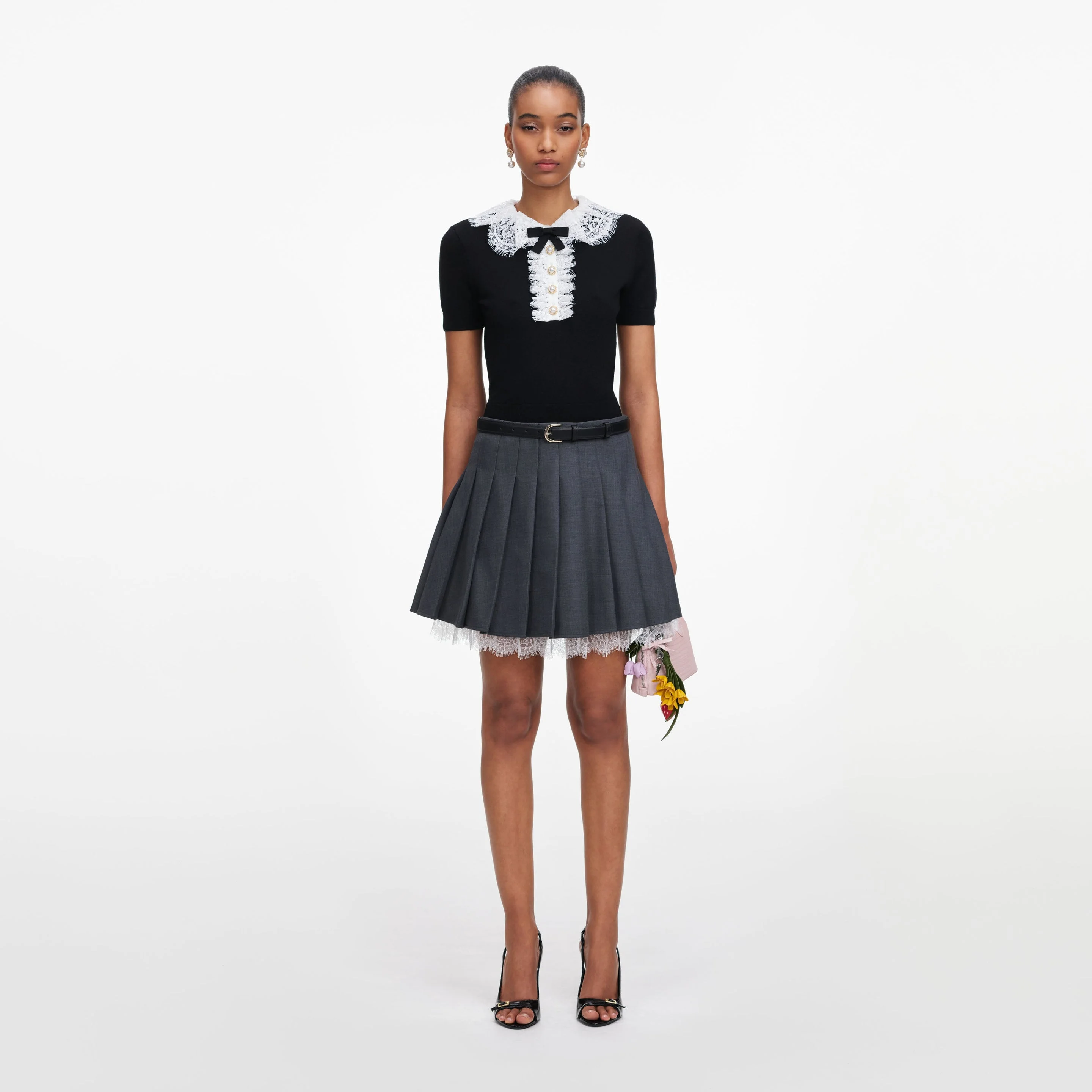 Black Knit Lace Collar Top - 1