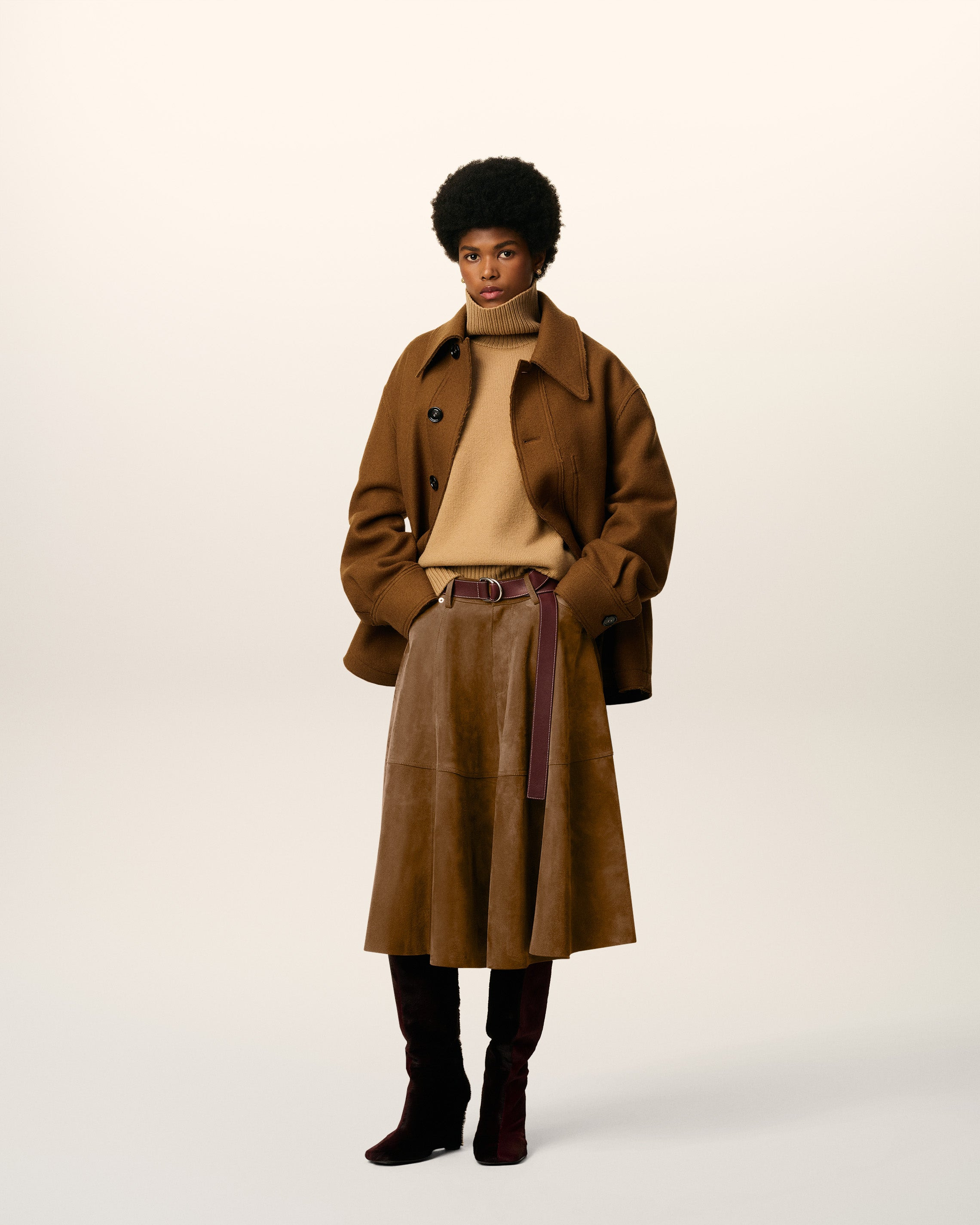 BROWN LEATHER MIDI SKIRT - 2