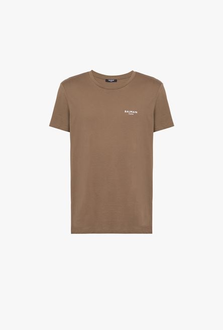 Taupe eco-designed cotton T-shirt with small flocked white Balmain Paris logo - 1
