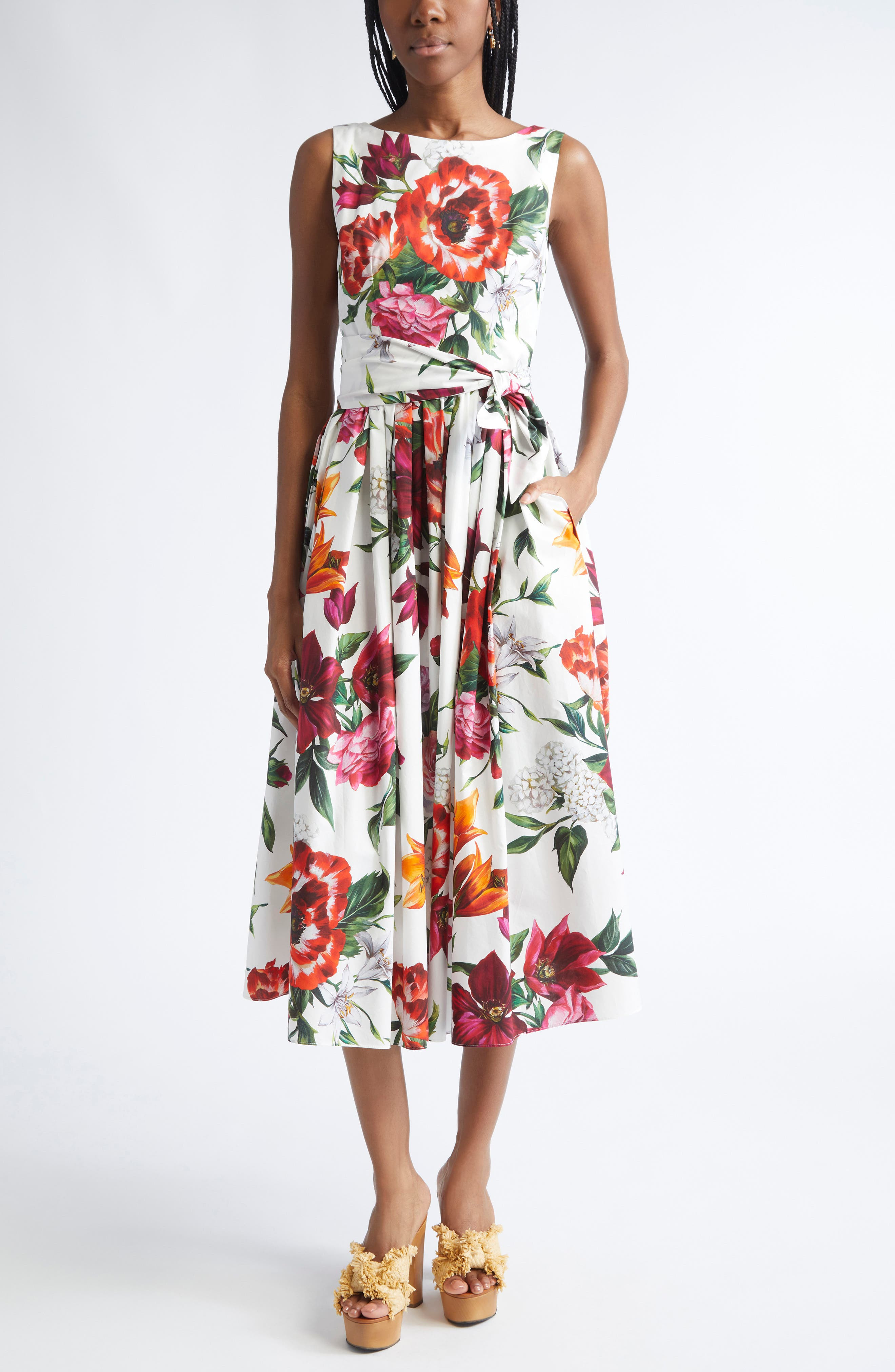 Dolce&Gabbana Floral Print Belted Poplin Fit & Flare Dress in Ha5Pb Anemoni Gigli F.bco at Nordstrom - 1