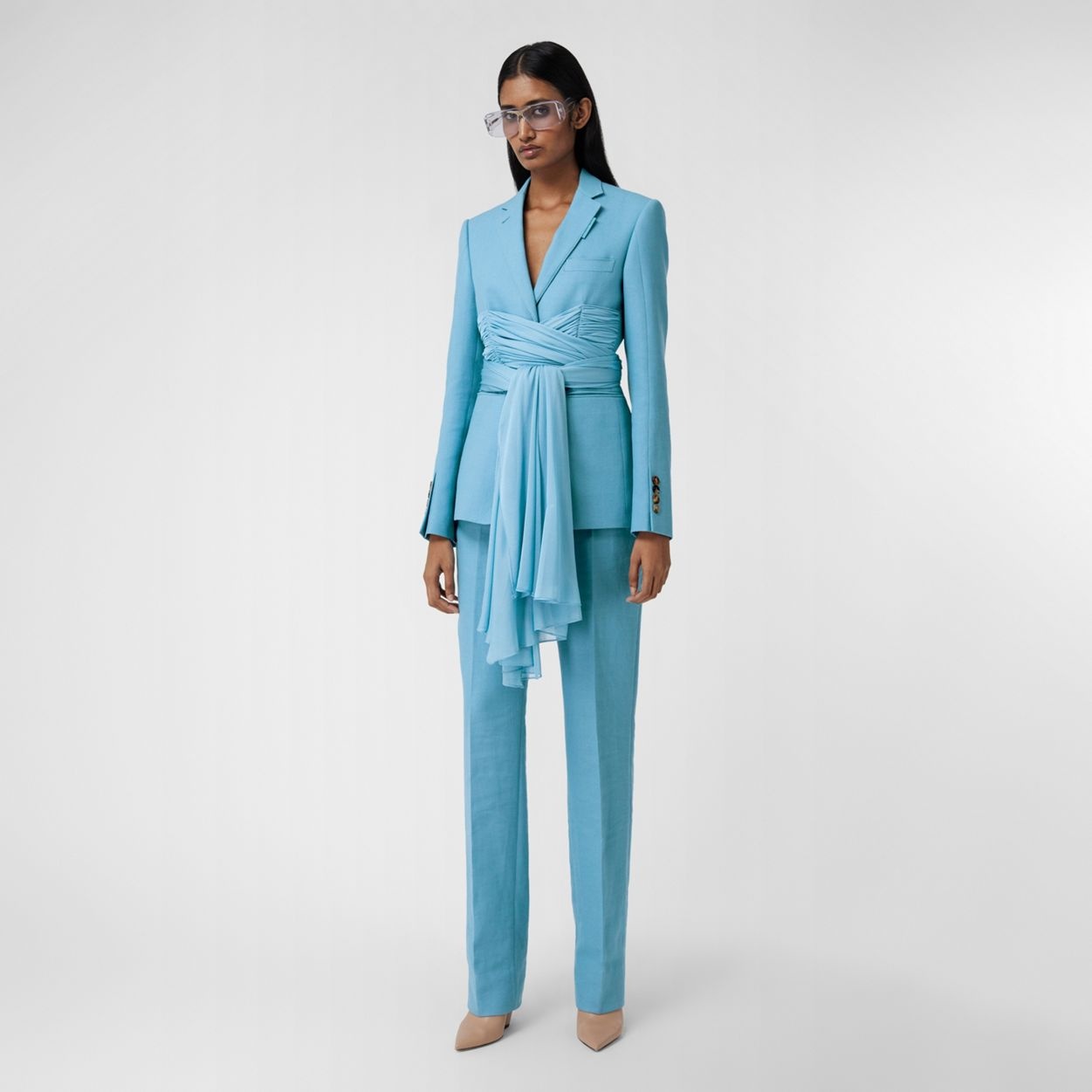 Jersey Sash Detail Wool Ramie Tailored Trousers - 2