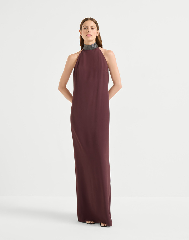 Silk and acetate crêpe cady halterneck dress with precious beaded collar 1