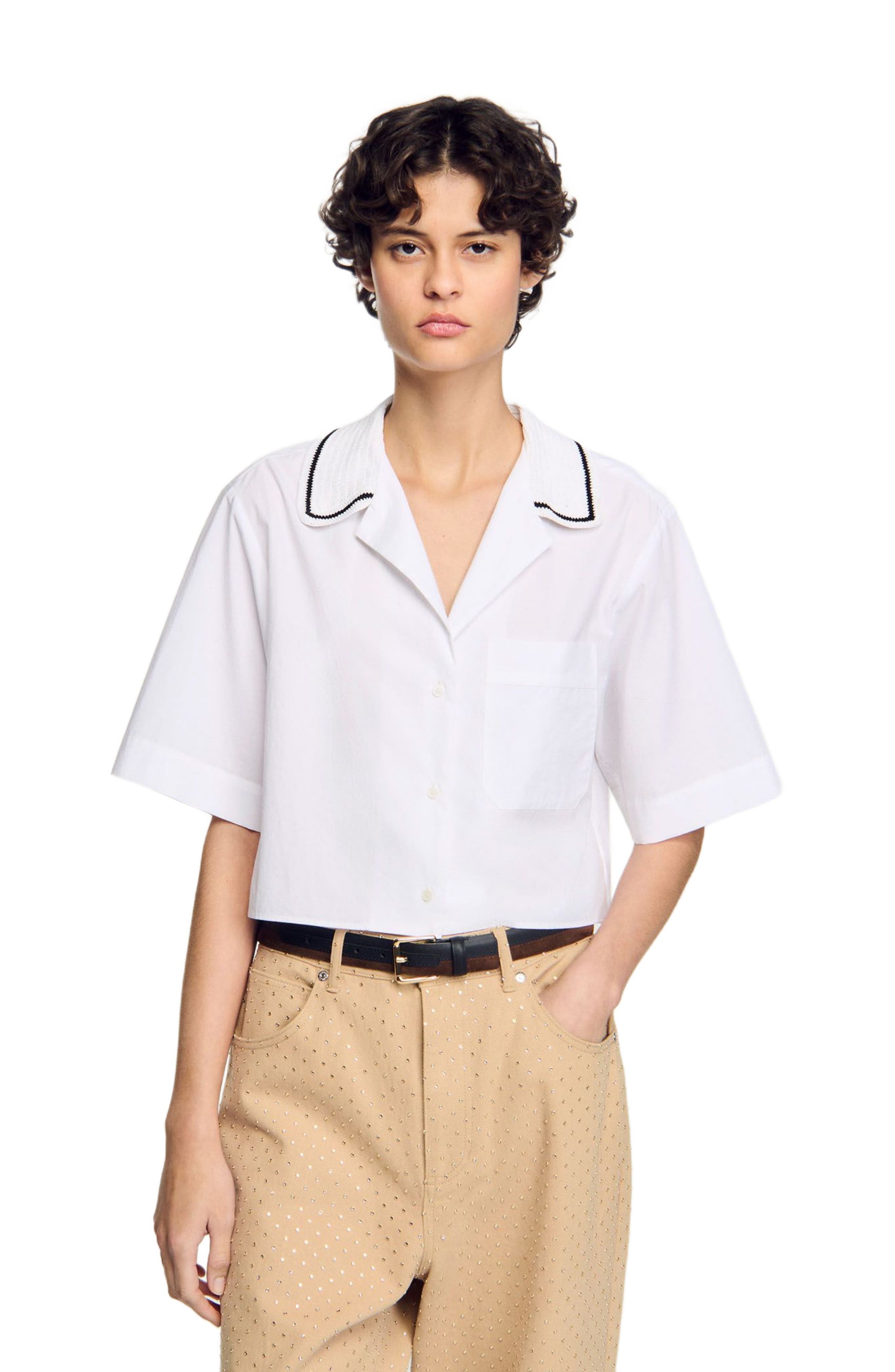 SANDRO Crochet collar shirt in White at Nordstrom - 3