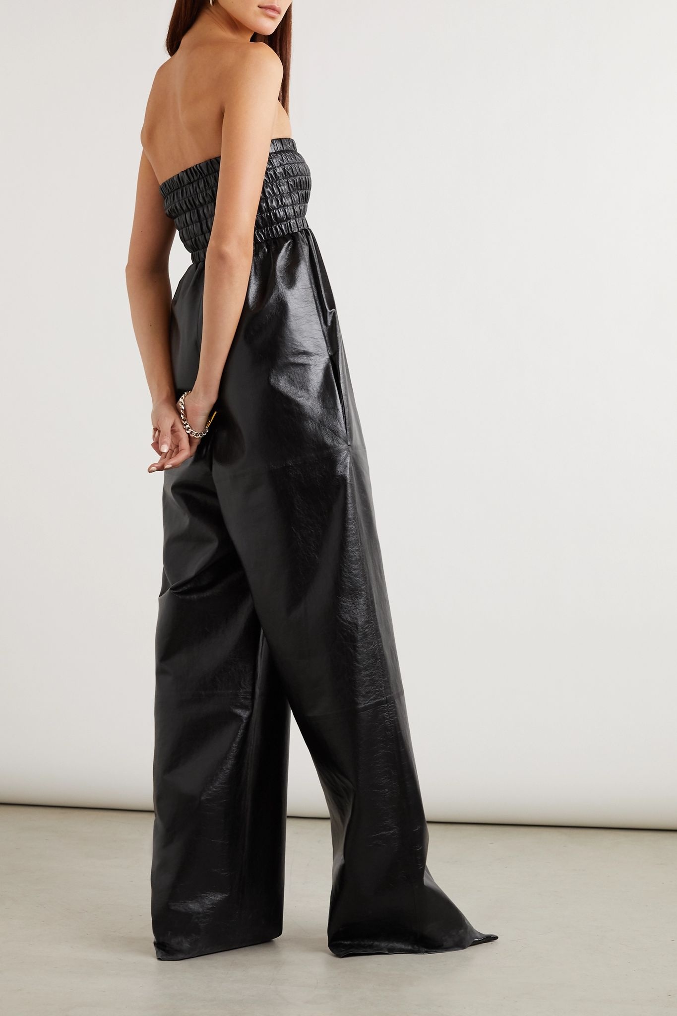 Strapless shirred crinkled glossed-leather jumpsuit - 4