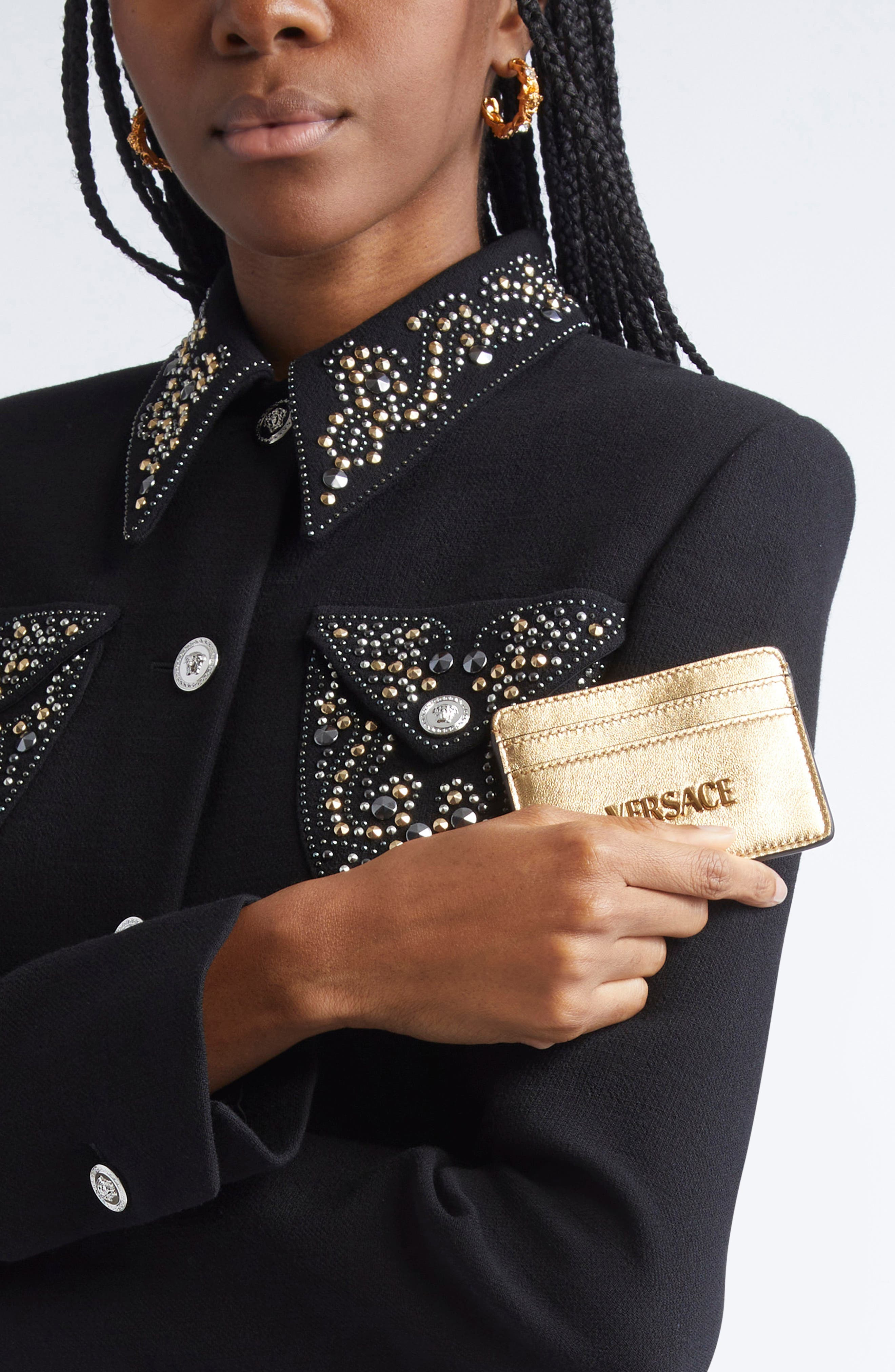 Versace Logo Metallic Leather Card Case in Mekong Gold Versace at Nordstrom - 2